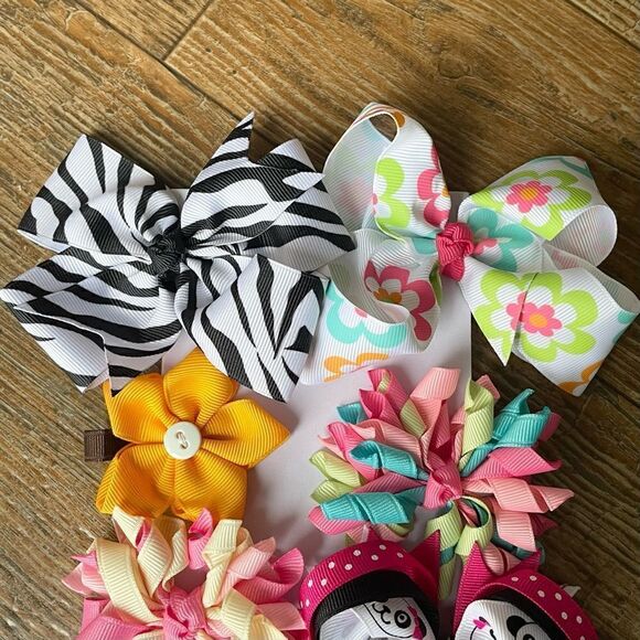 Handcrafted Grosgrain Ribbon No-Slip Grippy Hair Bows Bundle Set of 9 NEW - Picture 2 of 6